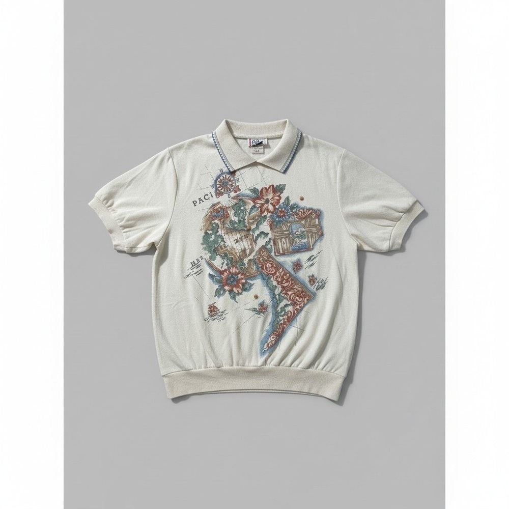 Cricket Lane World Map Floral Graphic Polo Top Cream Small USA Made Vintage
